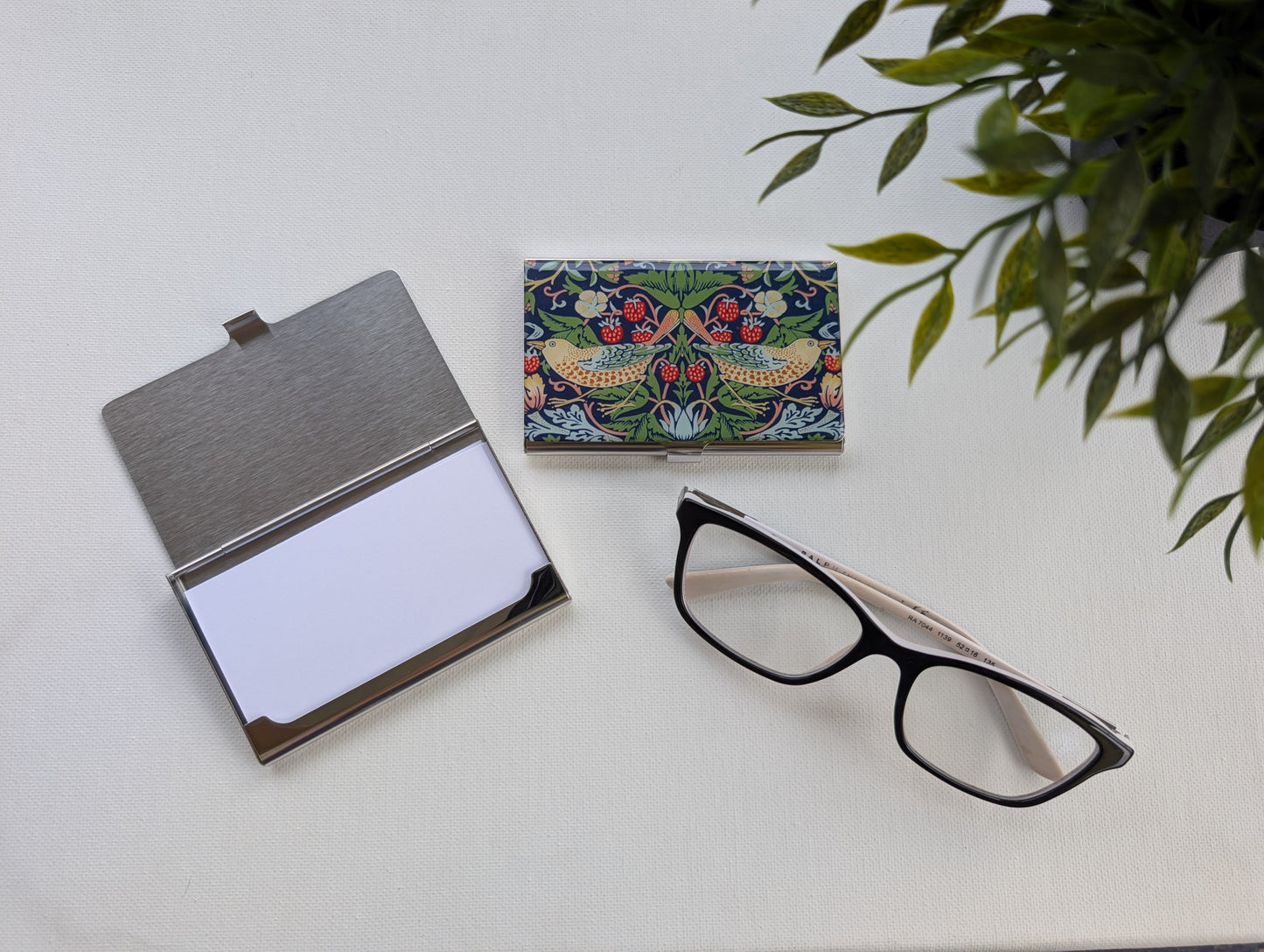 William Morris Strawberry Thief stainless steel business card holder, shown open