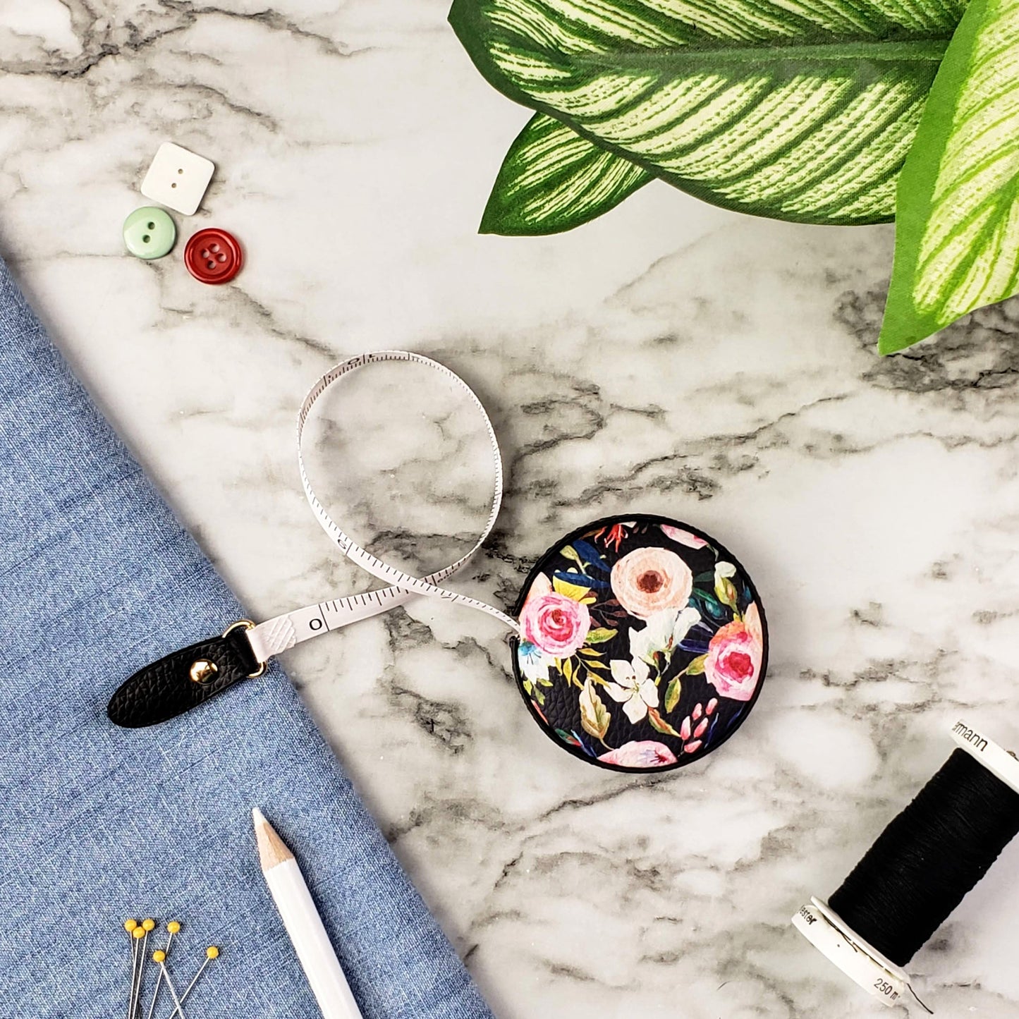 Floral on Black Tape Measure
