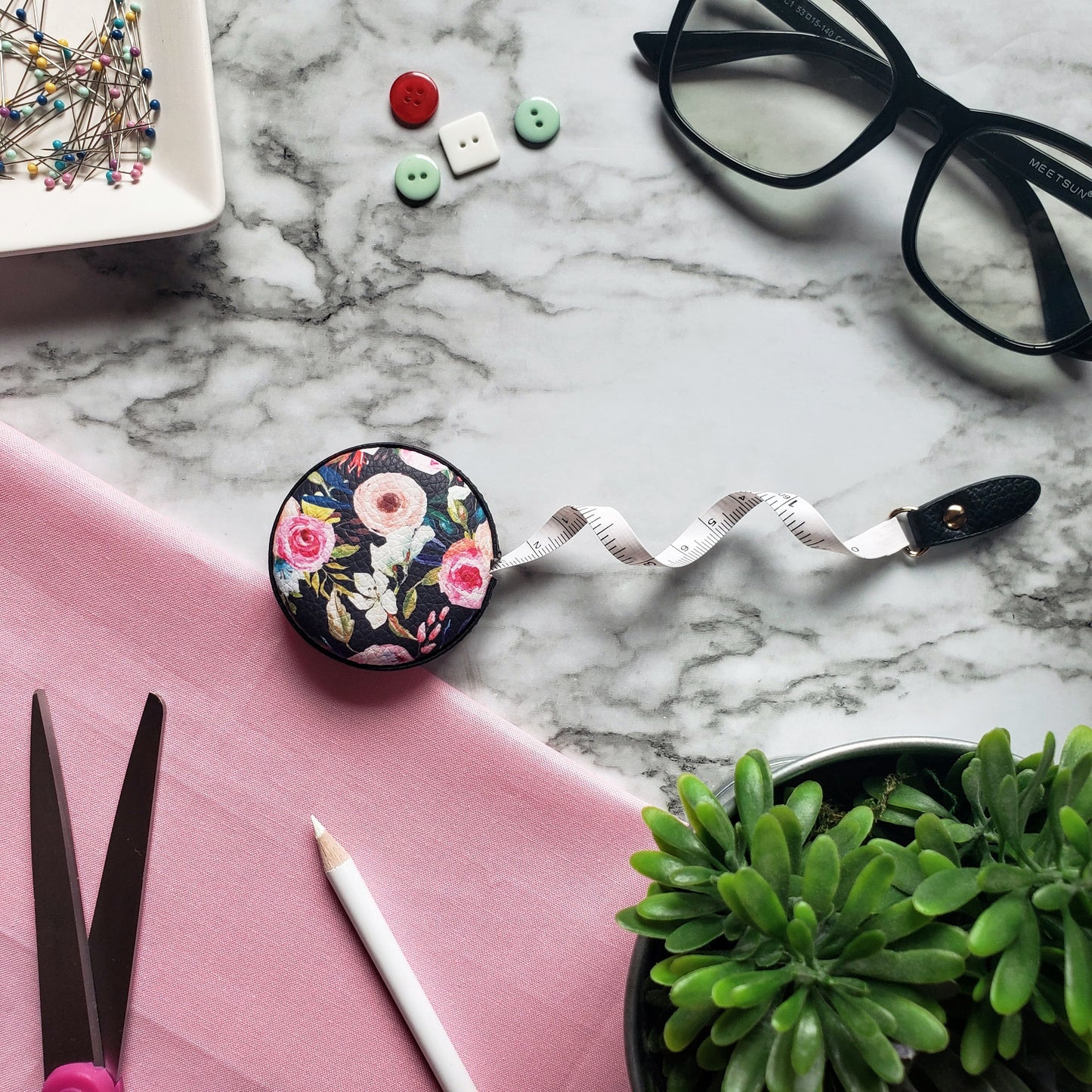 Floral on Black Tape Measure