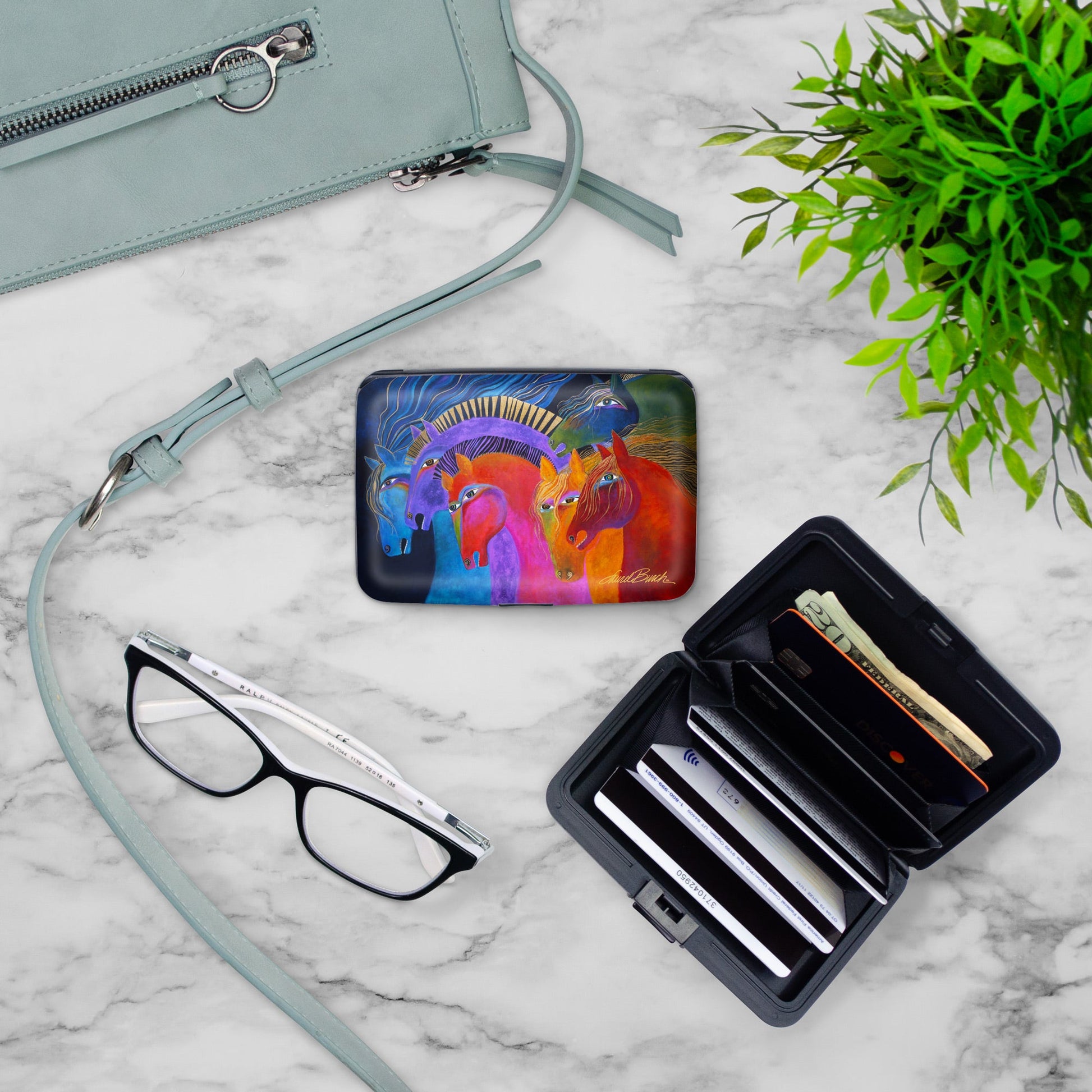 Laurel Burch Wild Horses of Fire RFID armored wallet, styled