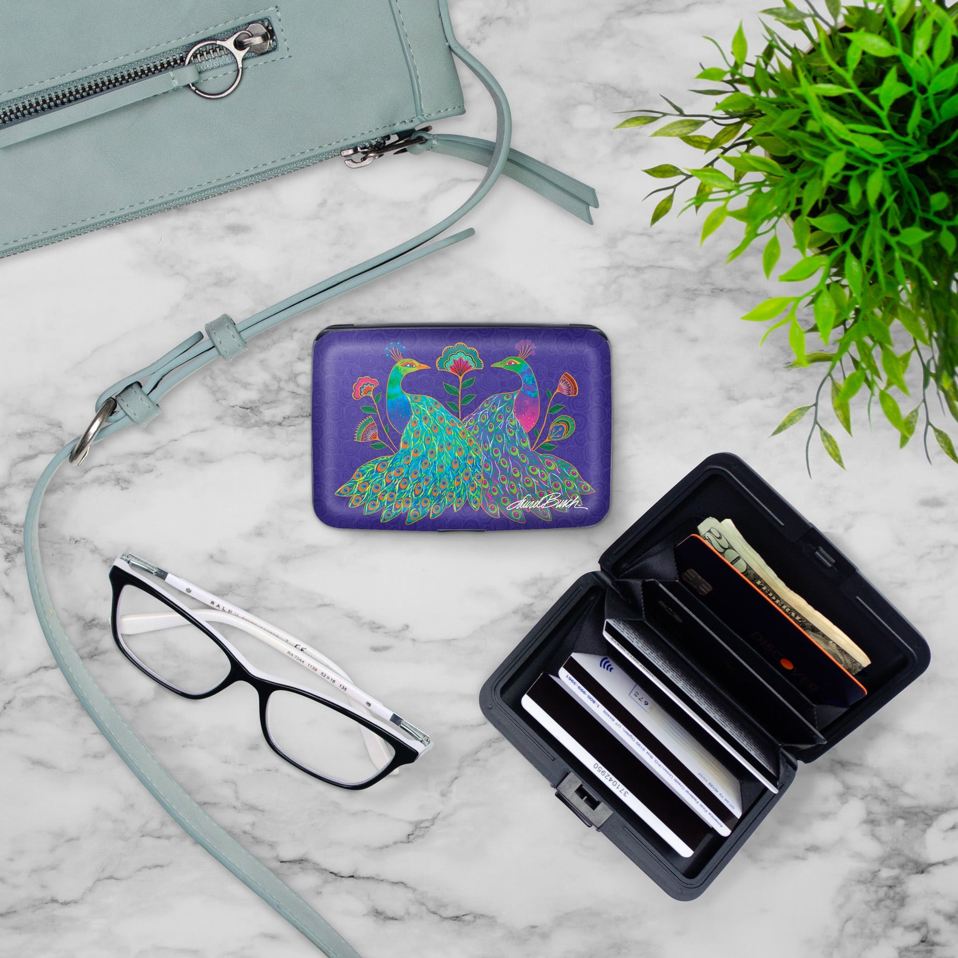 Laurel Burch Peacocks RFID armored wallet, styled