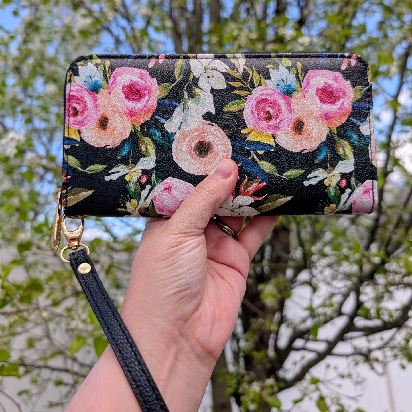 Floral on Black Wristlet Wallet