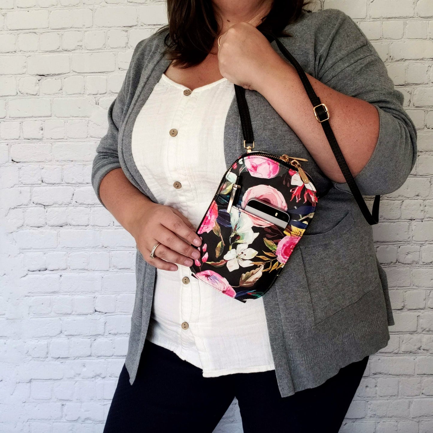 Floral on Black Crossbody Bag